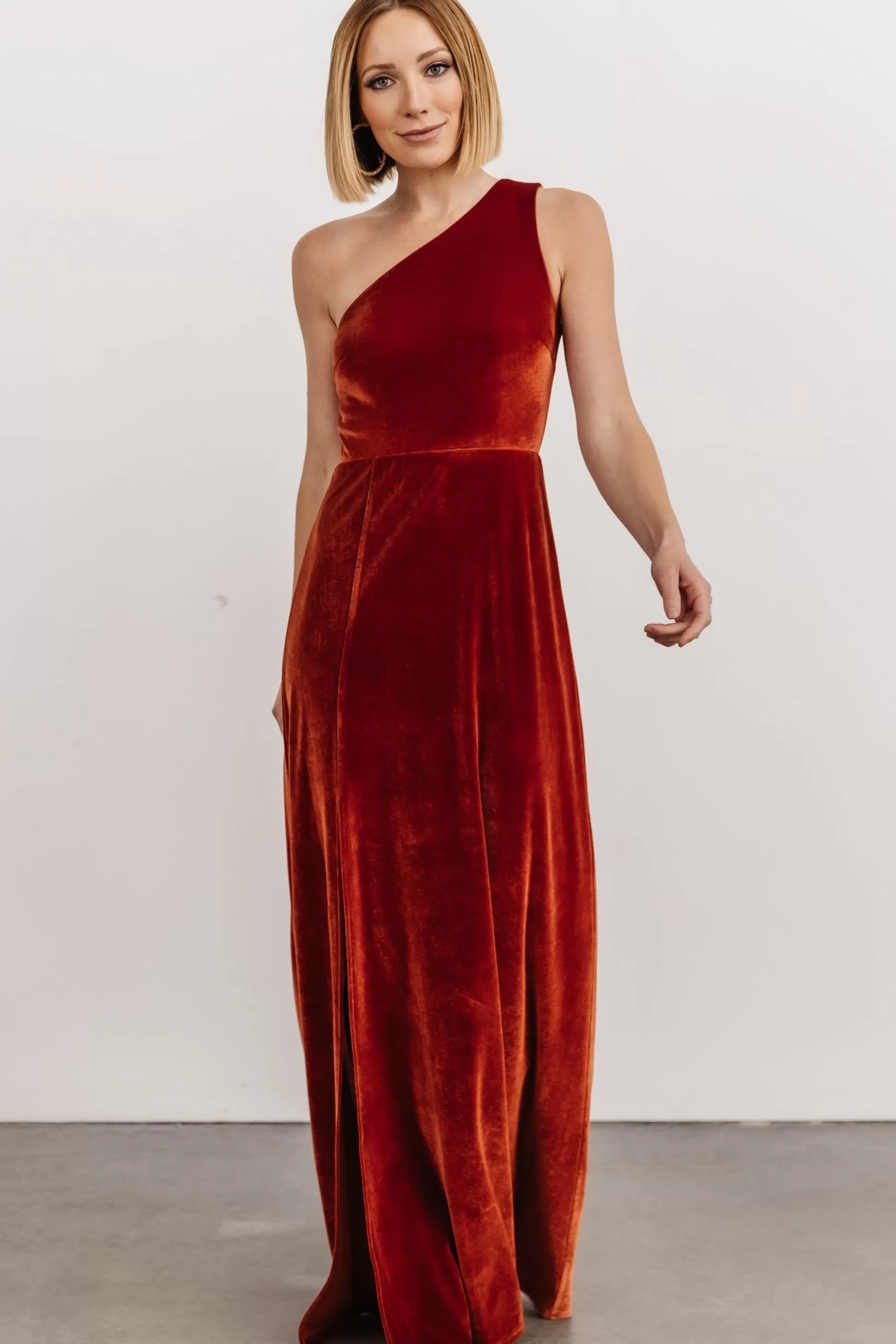 WEDDING SUITE | wedding guest | Baltic Born Tatiana Velvet One Shoulder Maxi Dress | Rust