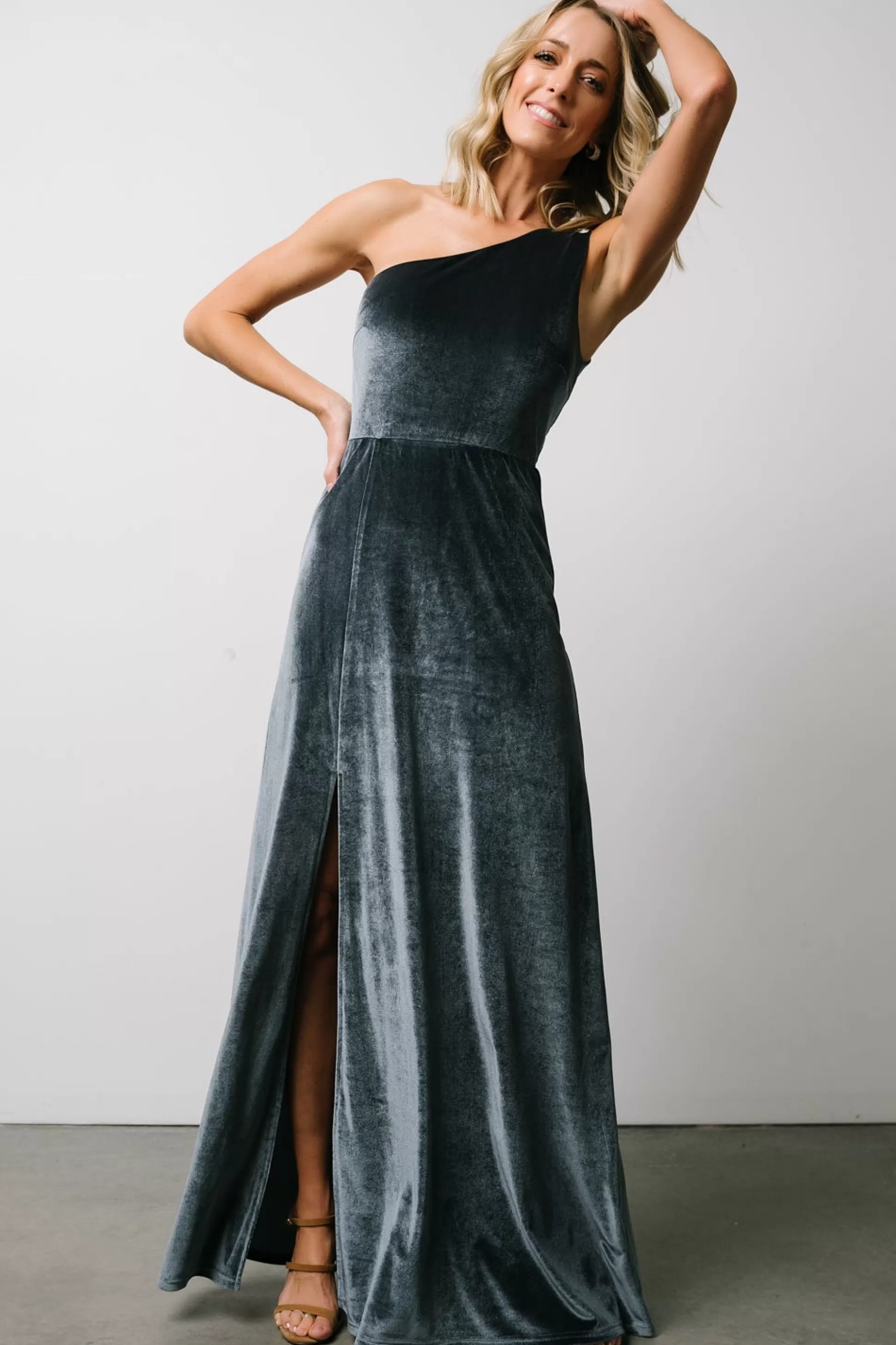 WEDDING SUITE | wedding guest | Baltic Born Tatiana Velvet One Shoulder Maxi Dress | Slate Blue