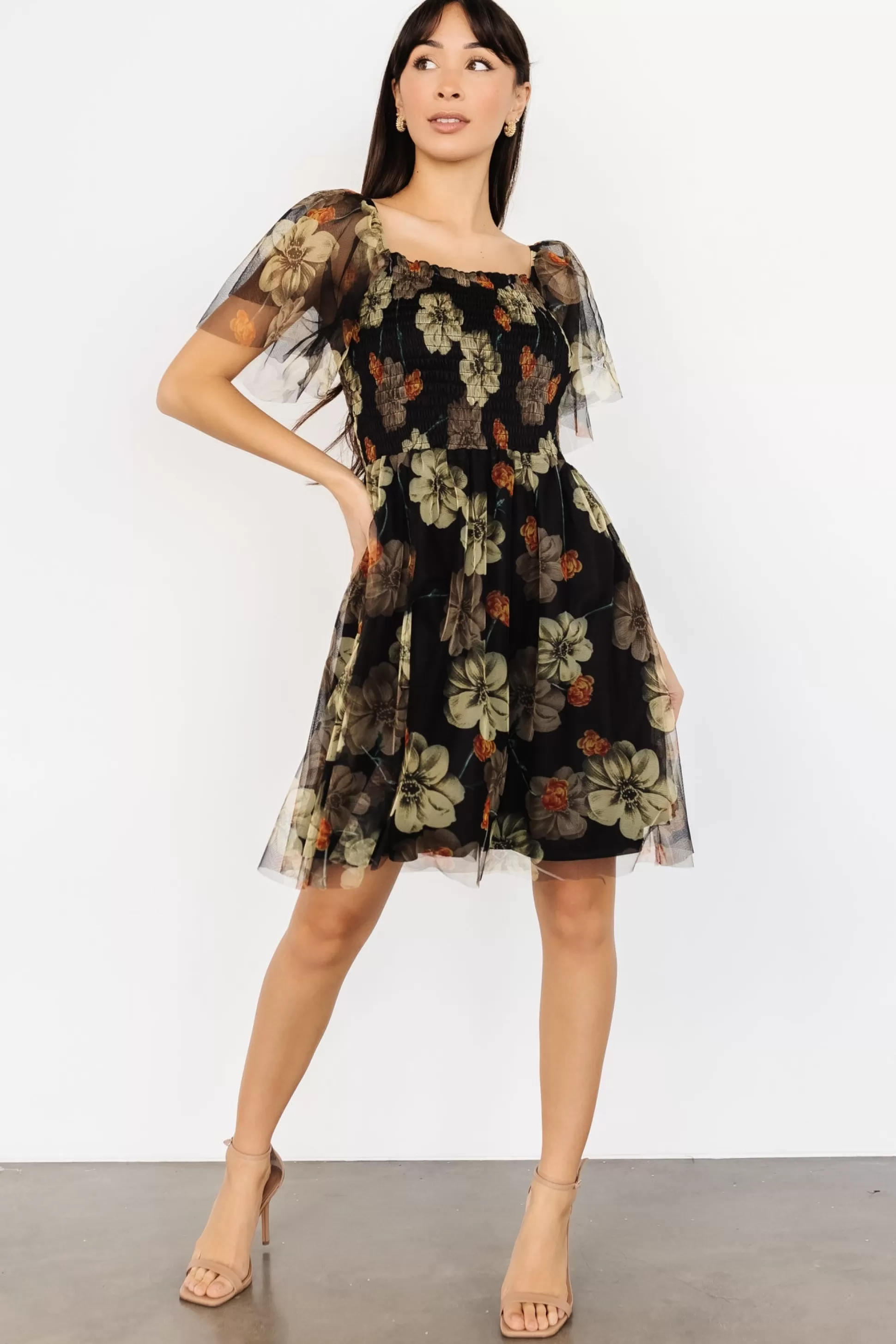 DRESSES | short dresses | Baltic Born Tivoli Tulle Short Dress | Black + Green Floral
