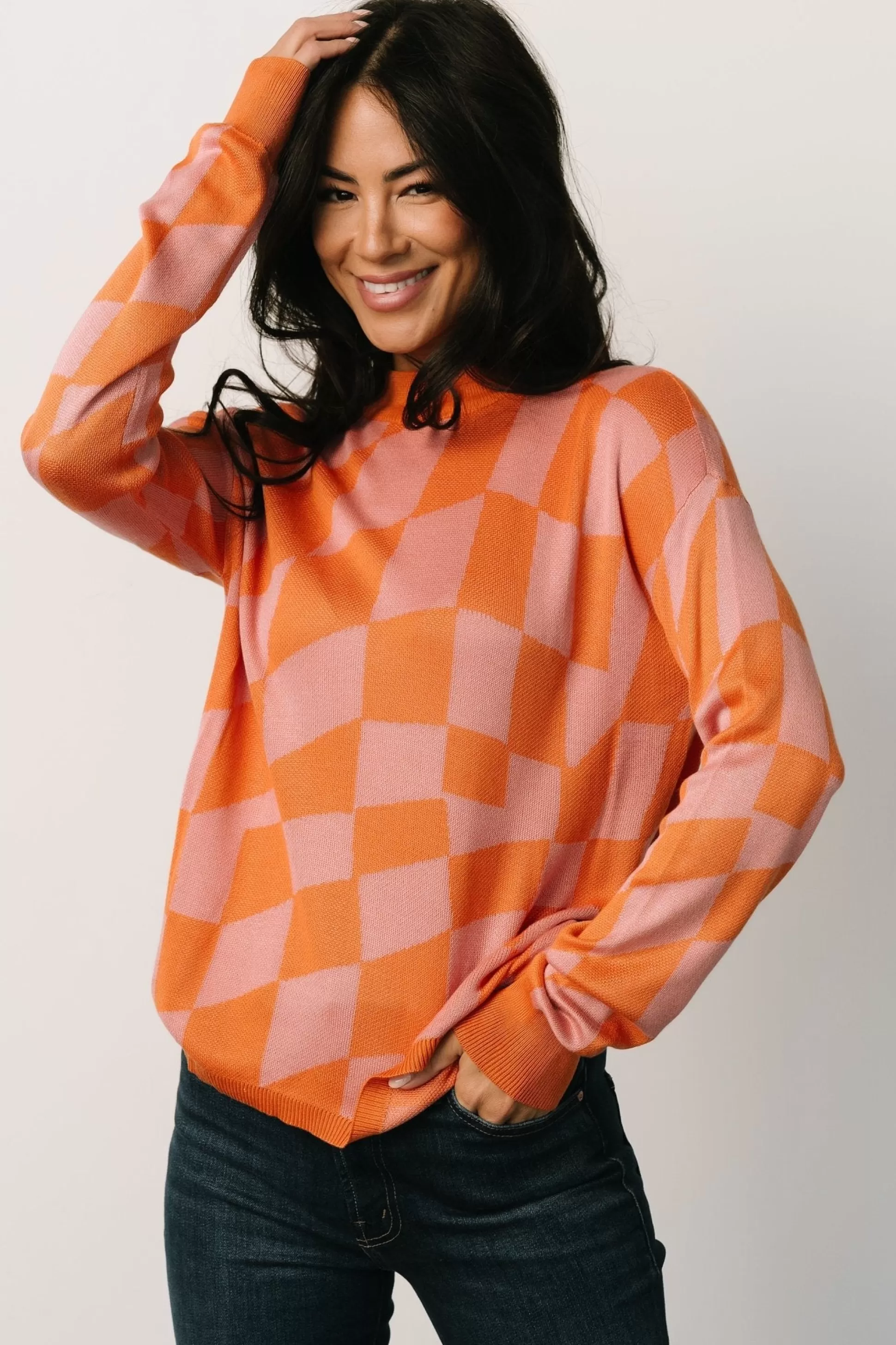 sweaters | Baltic Born Travis Checkered Sweater | Orange + Pink