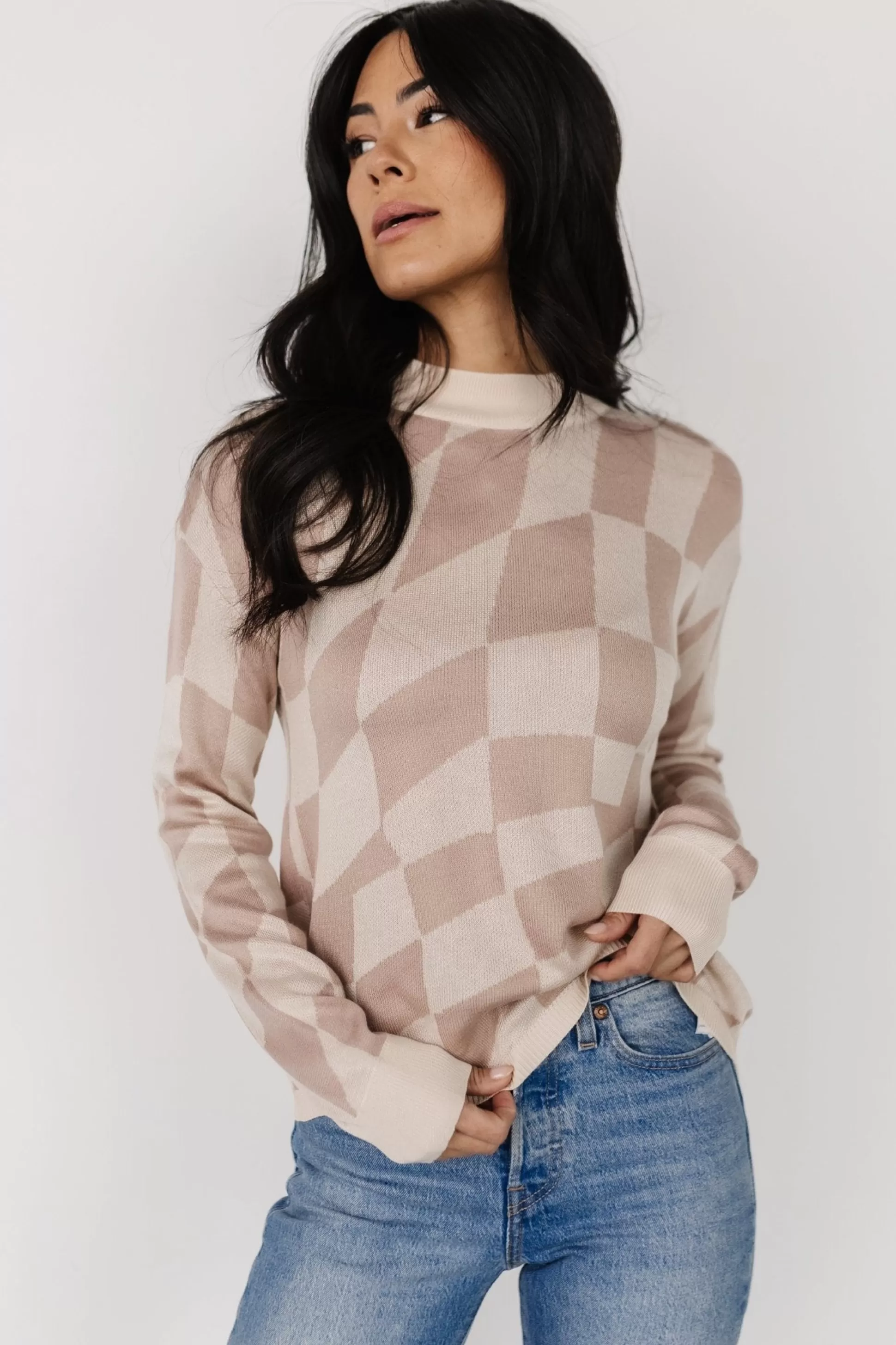 sweaters | Baltic Born Travis Checkered Sweater | Sand + Mocha