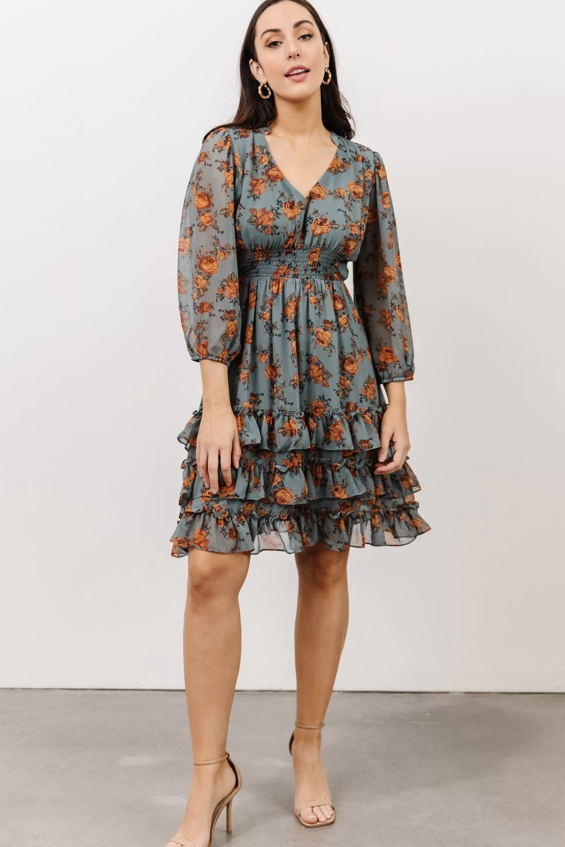 short dresses | Baltic Born Tylene Ruffle Mini Dress | Dusty Blue Floral