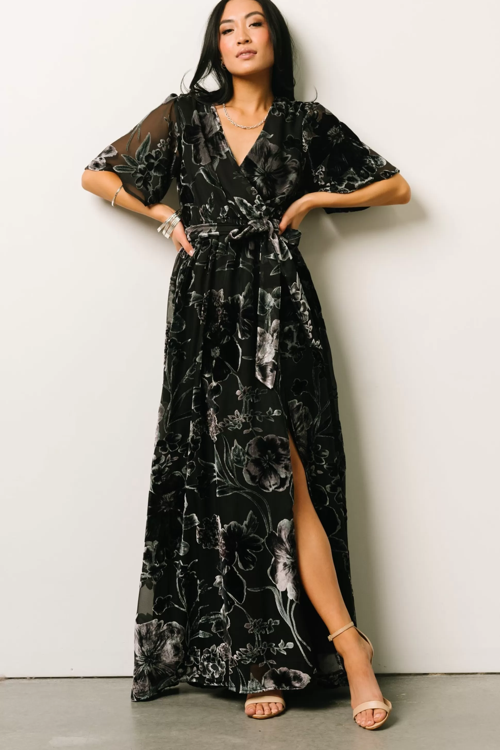 maxi dresses | WEDDING SUITE | Baltic Born Uma Velvet Maxi Dress | Black + Silver Floral