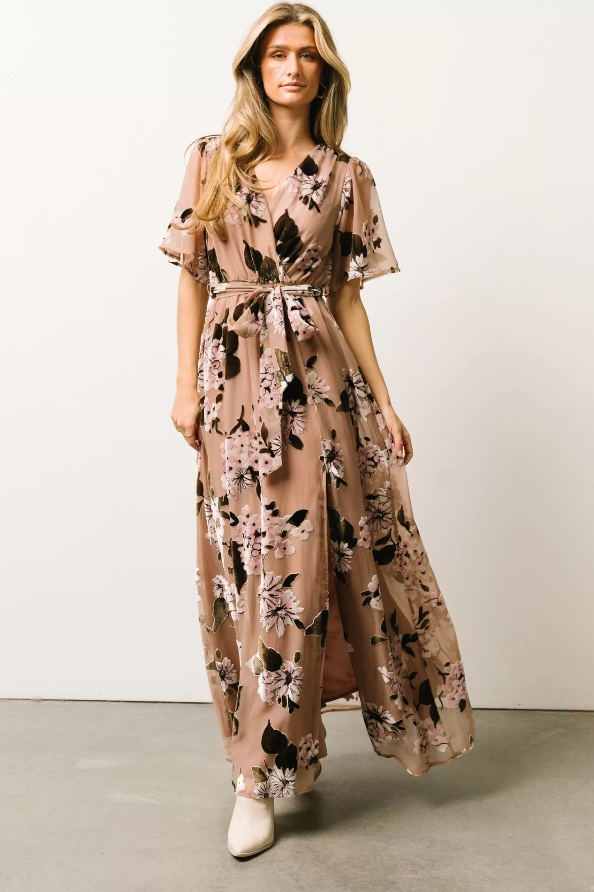 maxi dresses | WEDDING SUITE | Baltic Born Uma Velvet Maxi Dress | Taupe Multi Floral