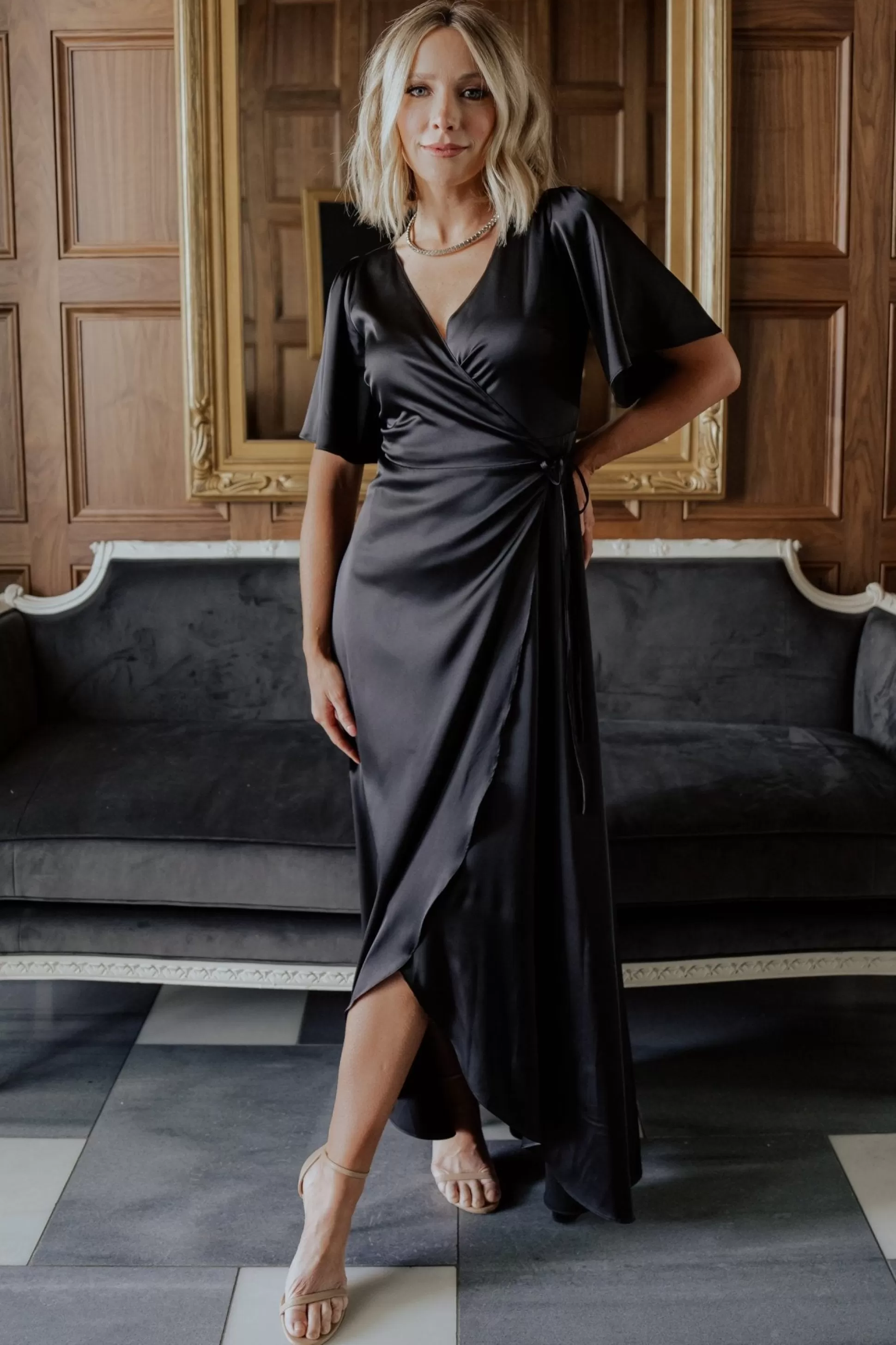 maxi dresses | WEDDING SUITE | Baltic Born Vara Satin Maxi Wrap Dress | Black