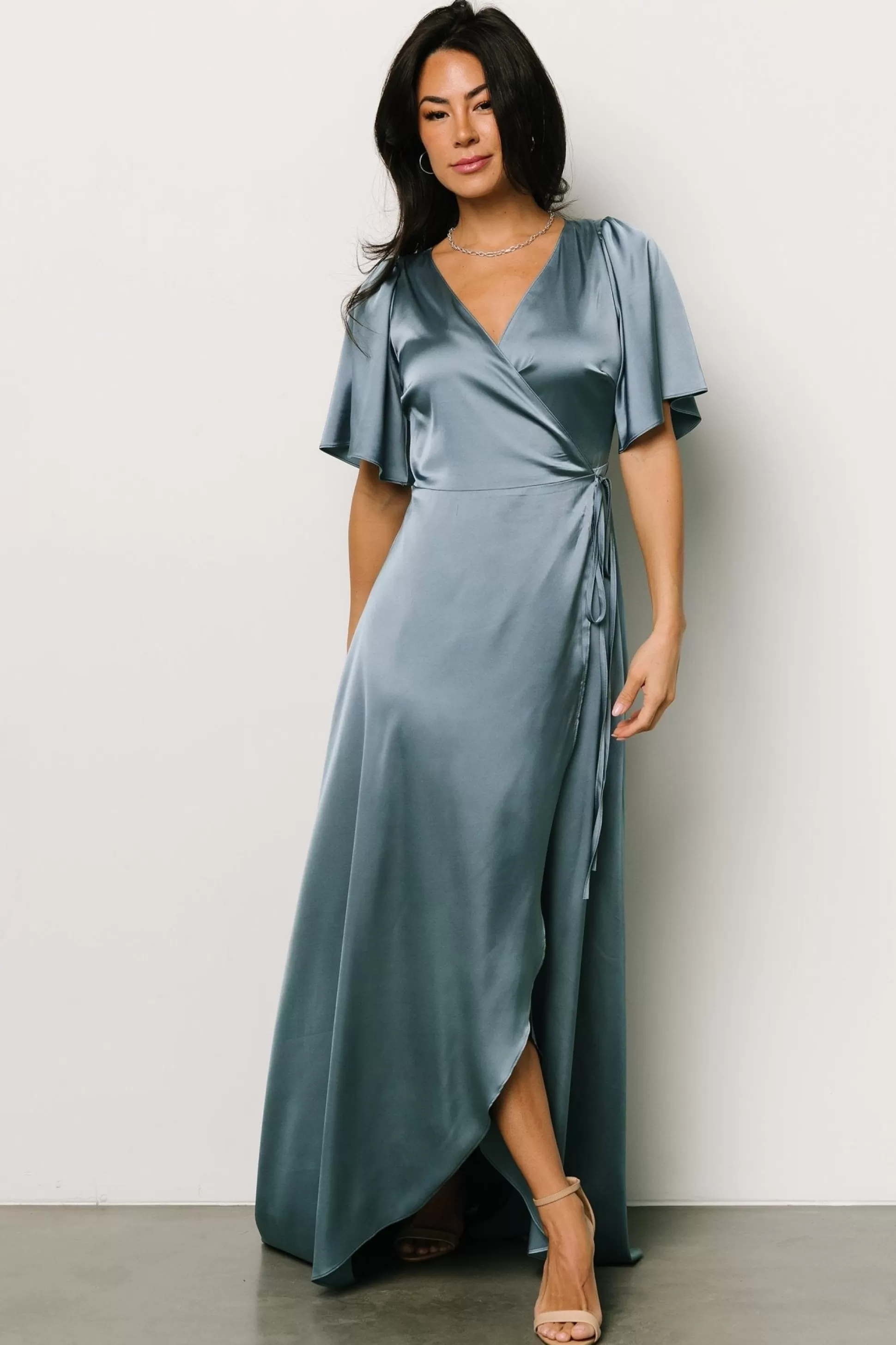 maxi dresses | WEDDING SUITE | Baltic Born Vara Satin Maxi Wrap Dress | Dusty Blue