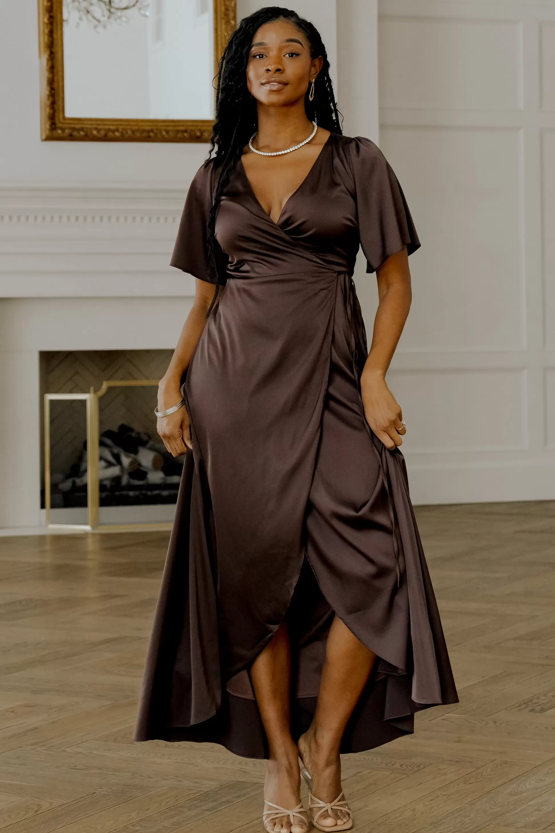 maxi dresses | WEDDING SUITE | Baltic Born Vara Satin Maxi Wrap Dress | Espresso