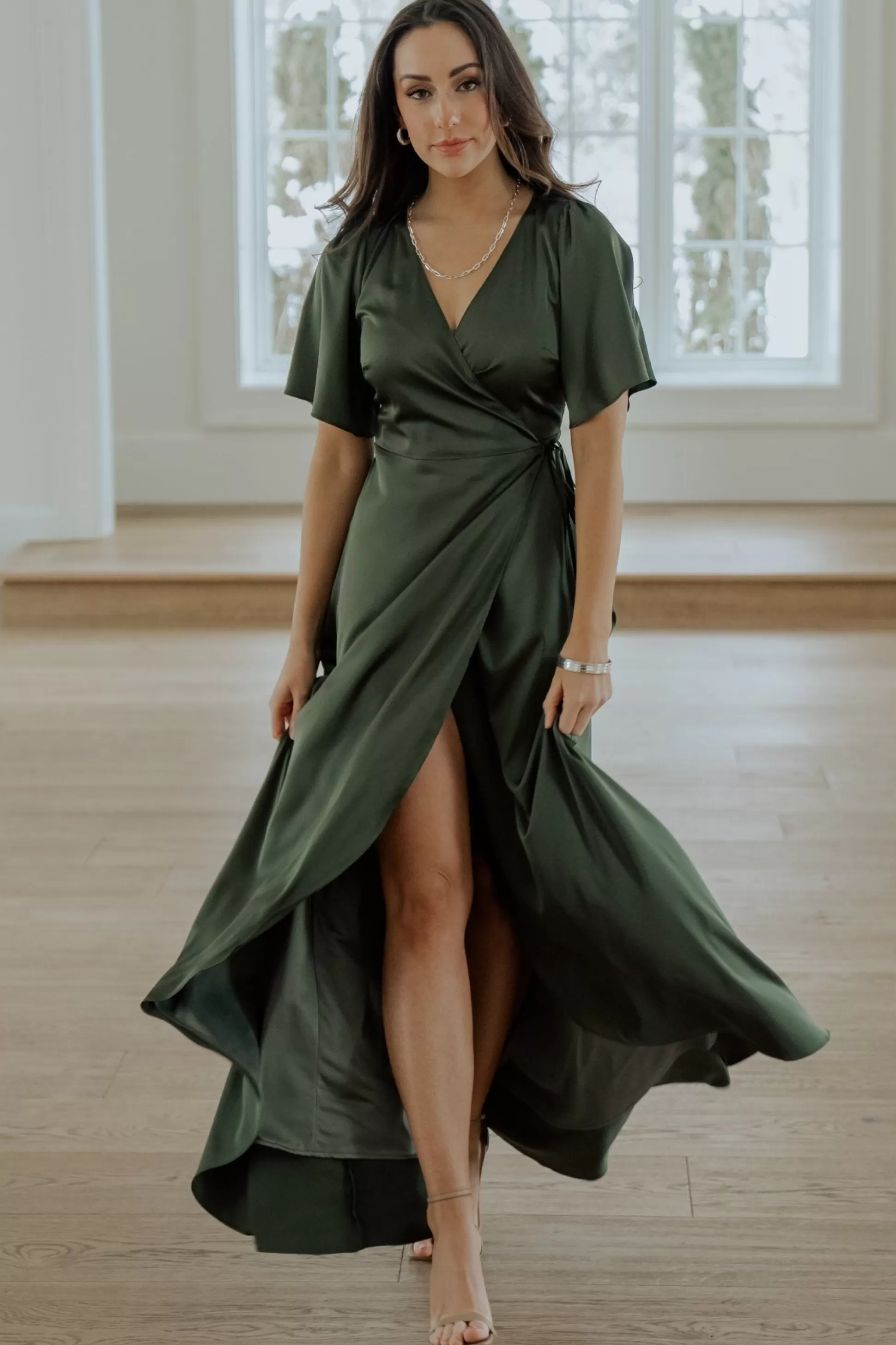 maxi dresses | WEDDING SUITE | Baltic Born Vara Satin Maxi Wrap Dress | Juniper Green