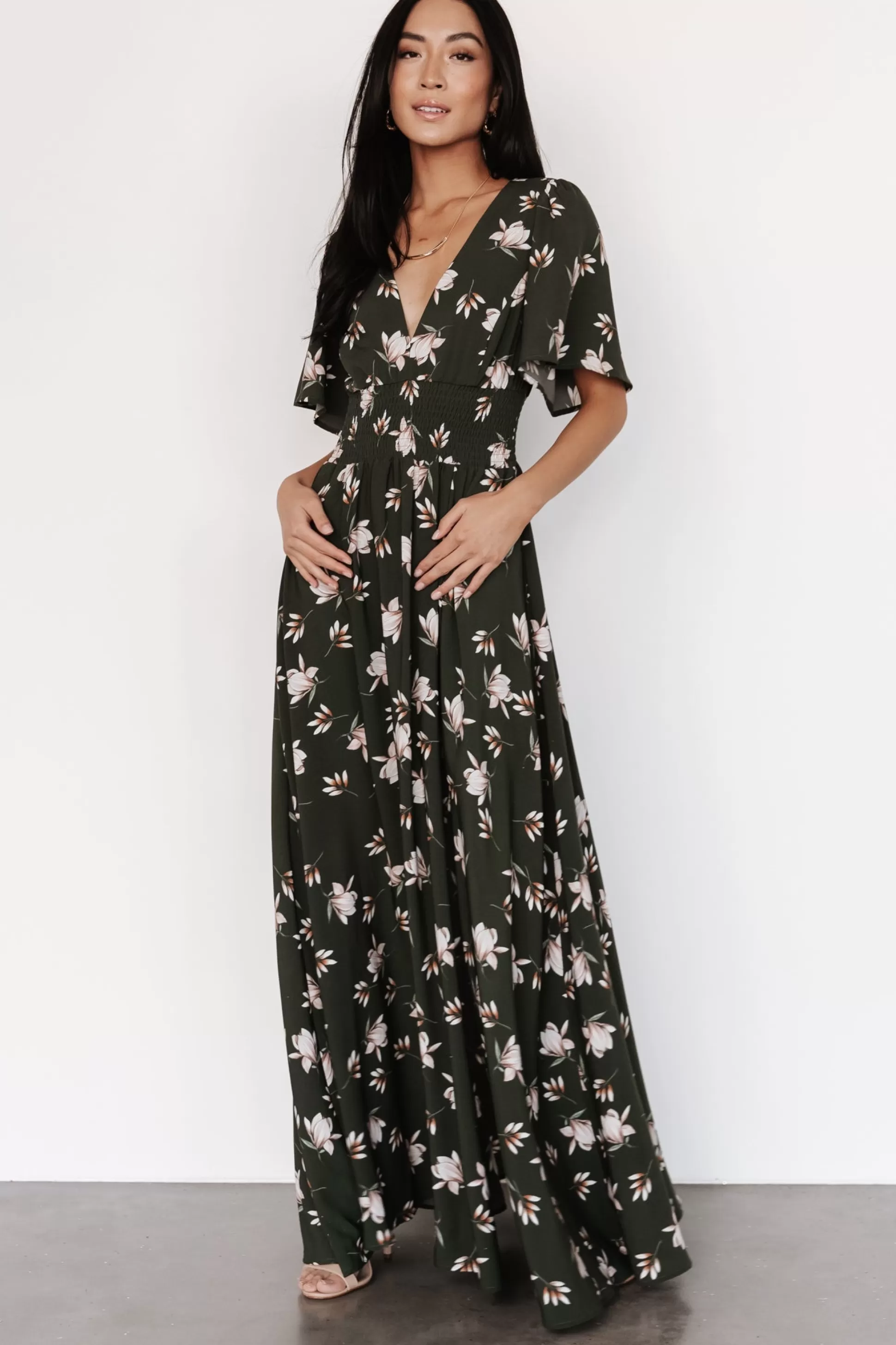 WINTER ESSENTIALS | Baltic Born Verona Smocked Maxi Dress | Green + White Floral