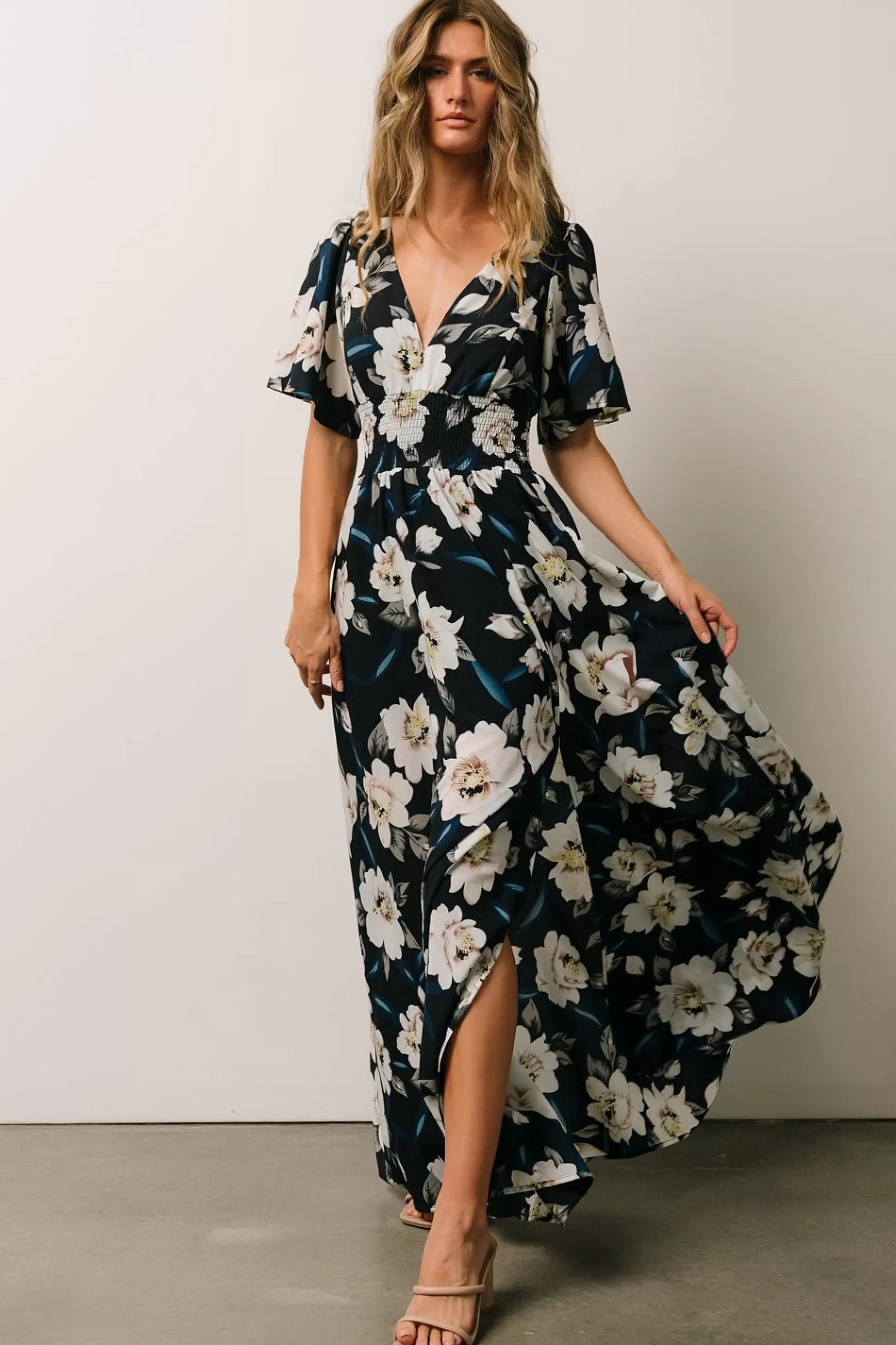 WINTER ESSENTIALS | Baltic Born Verona Smocked Maxi Dress | Navy + White Floral