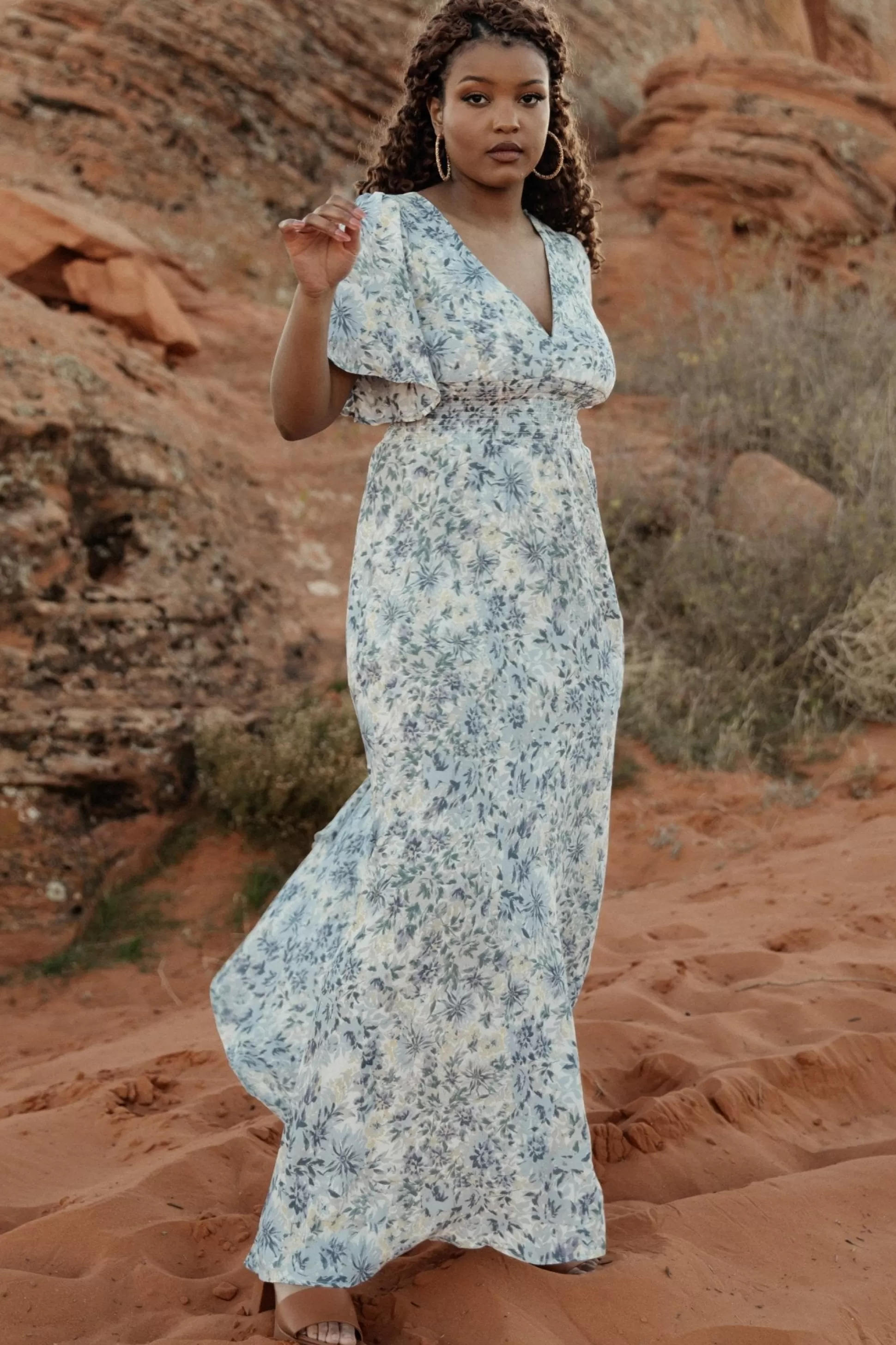 WINTER ESSENTIALS | Baltic Born Verona Smocked Maxi Dress | White + Blue Print