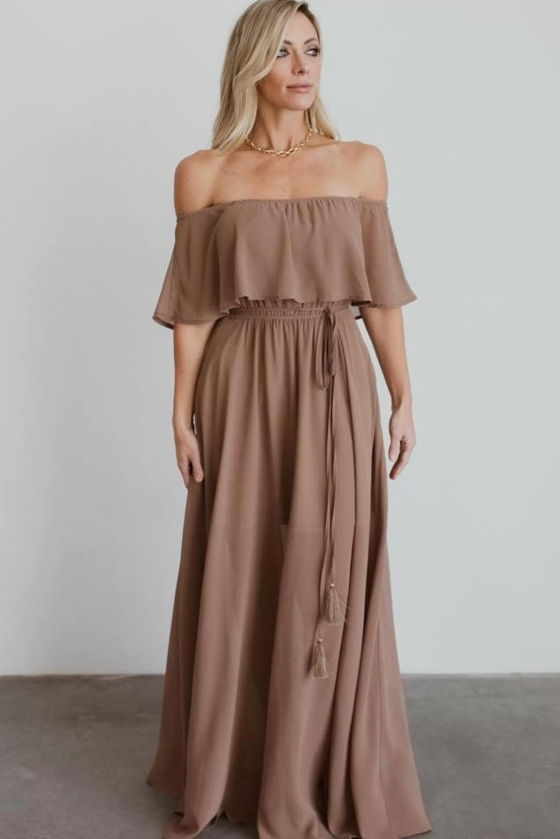 maxi dresses | WEDDING SUITE | Baltic Born Victoria Off Shoulder Maxi Dress | Mocha