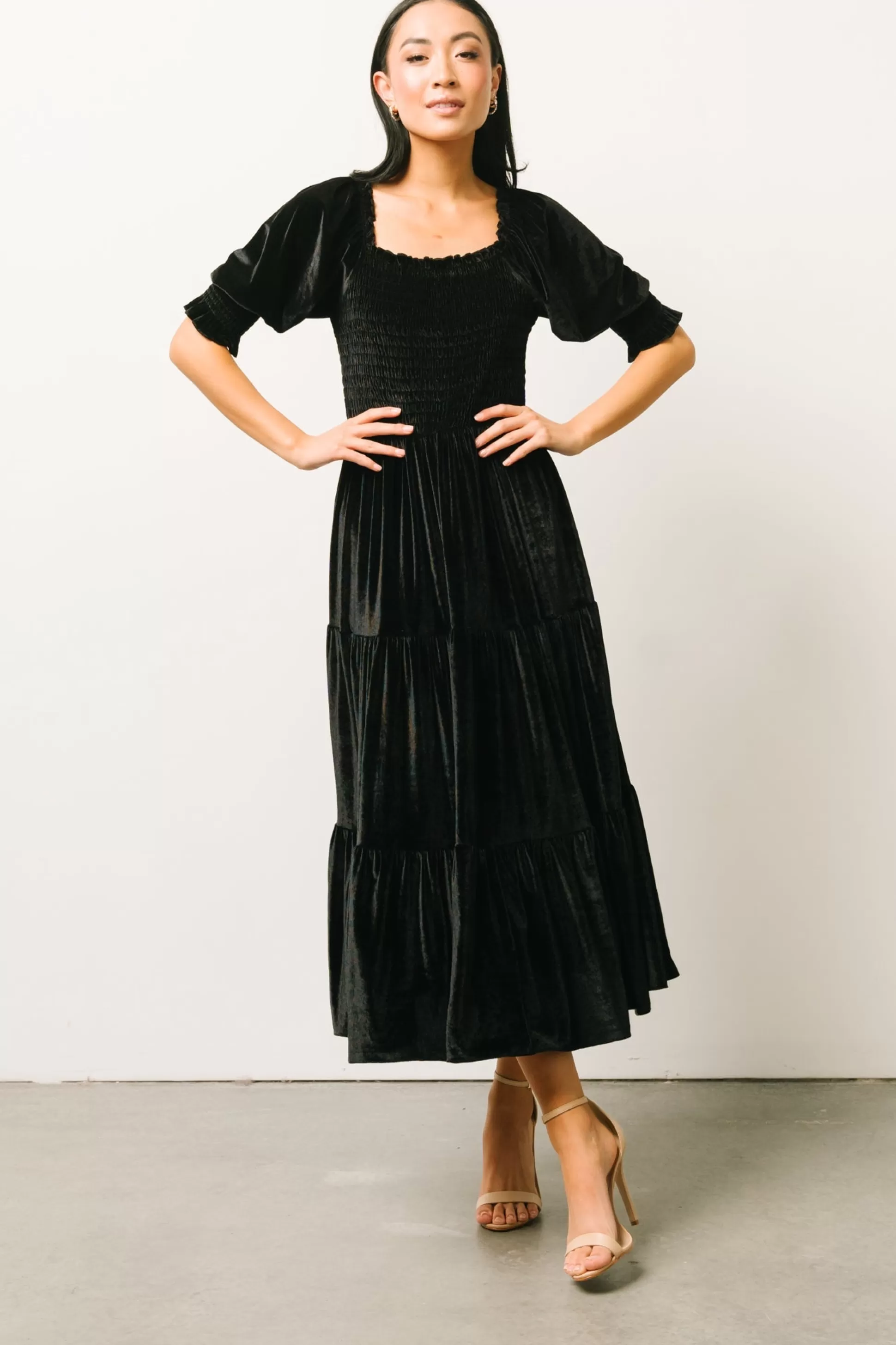 midi dresses | WEDDING SUITE | Baltic Born Vivaldi Smocked Velvet Midi Dress | Black