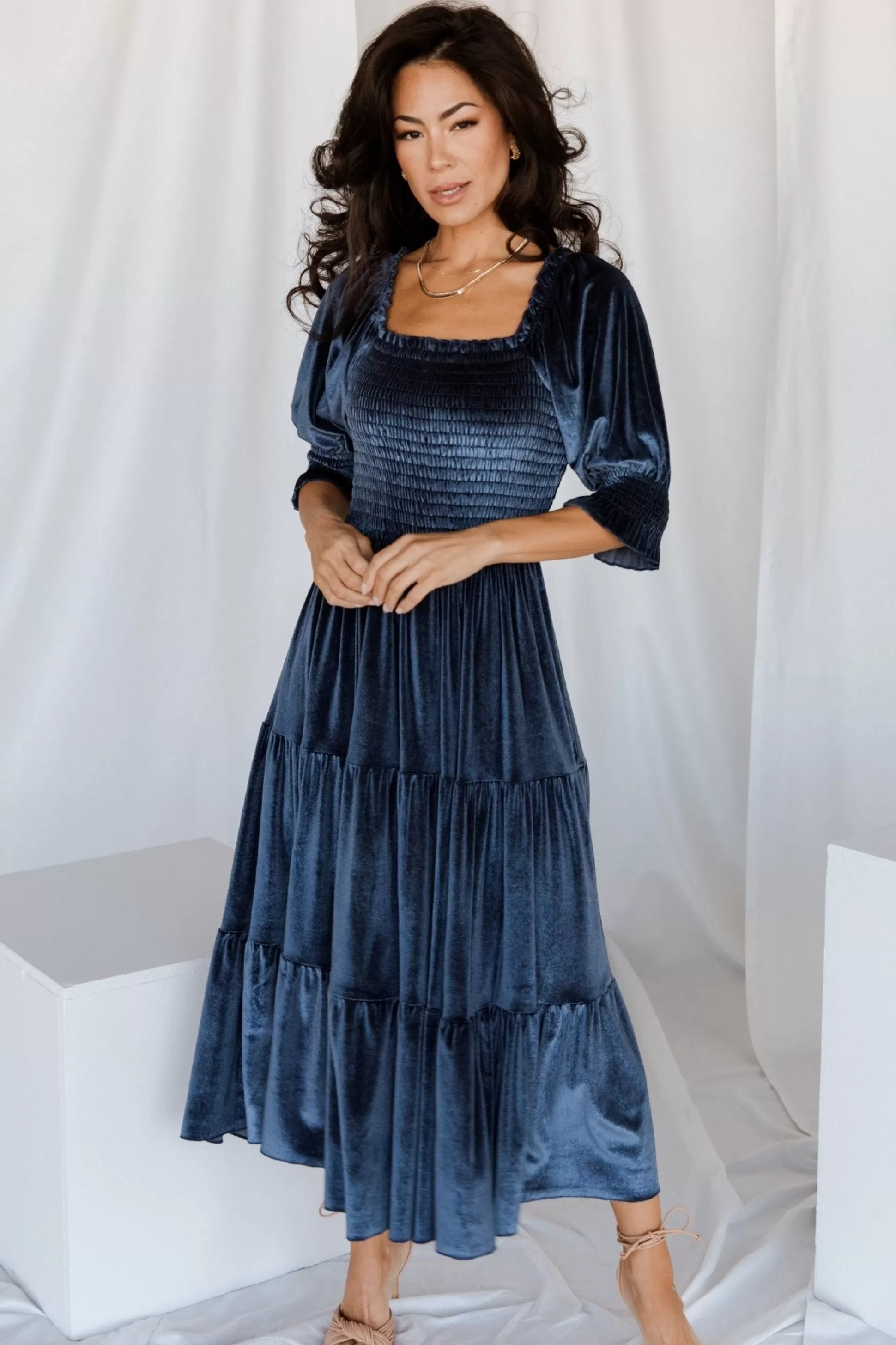 midi dresses | WEDDING SUITE | Baltic Born Vivaldi Smocked Velvet Midi Dress | Blue