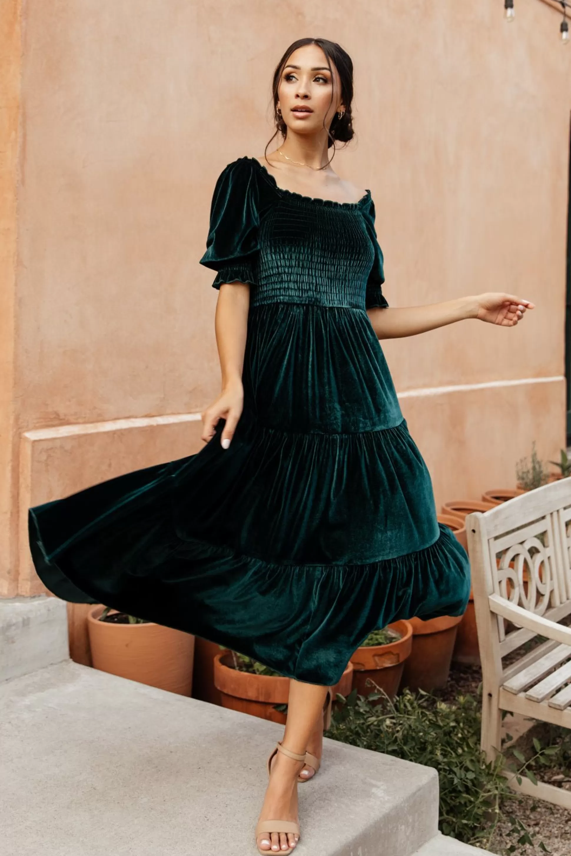 midi dresses | WEDDING SUITE | Baltic Born Vivaldi Smocked Velvet Midi Dress | Dark Green