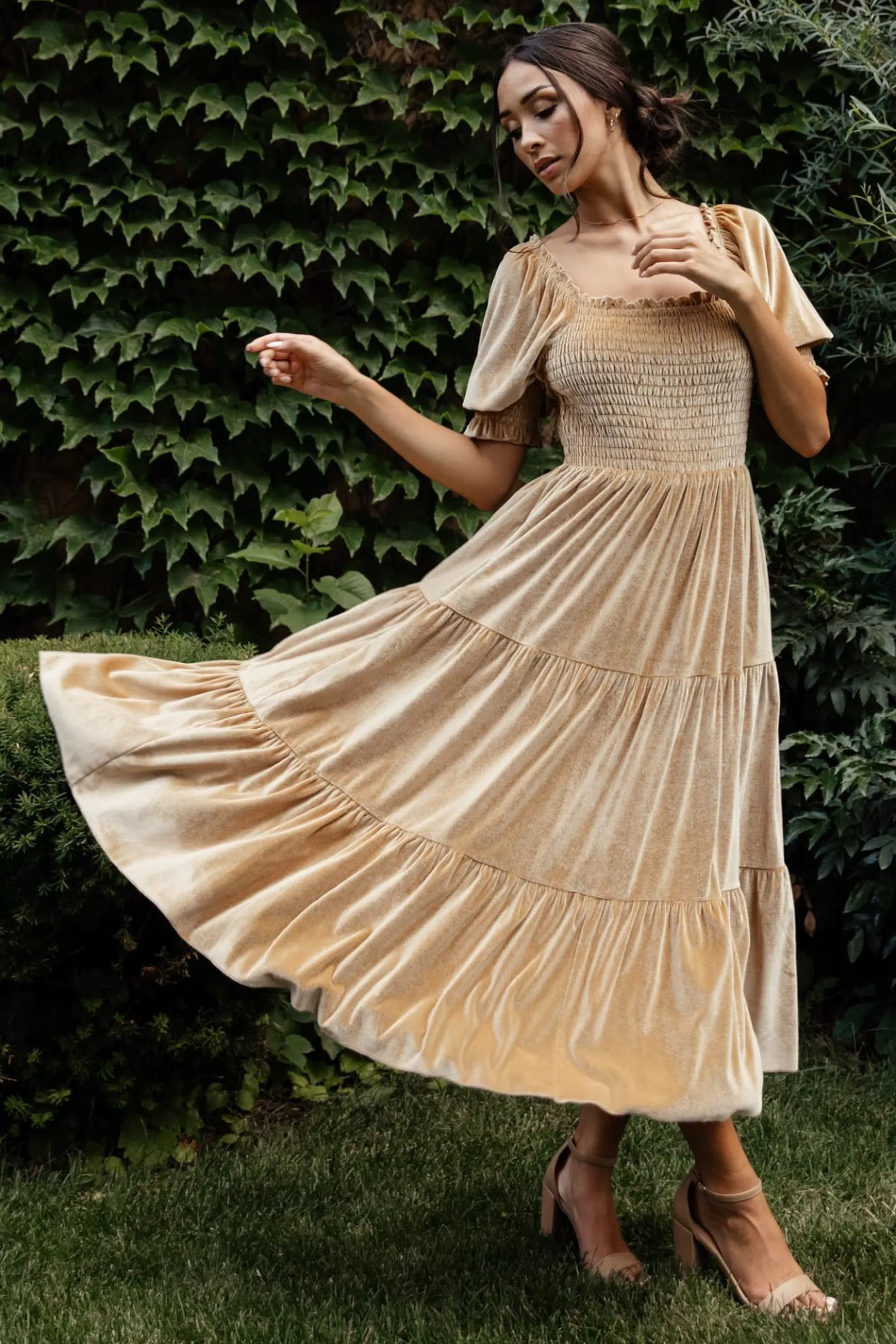 midi dresses | WEDDING SUITE | Baltic Born Vivaldi Smocked Velvet Midi Dress | French Gold