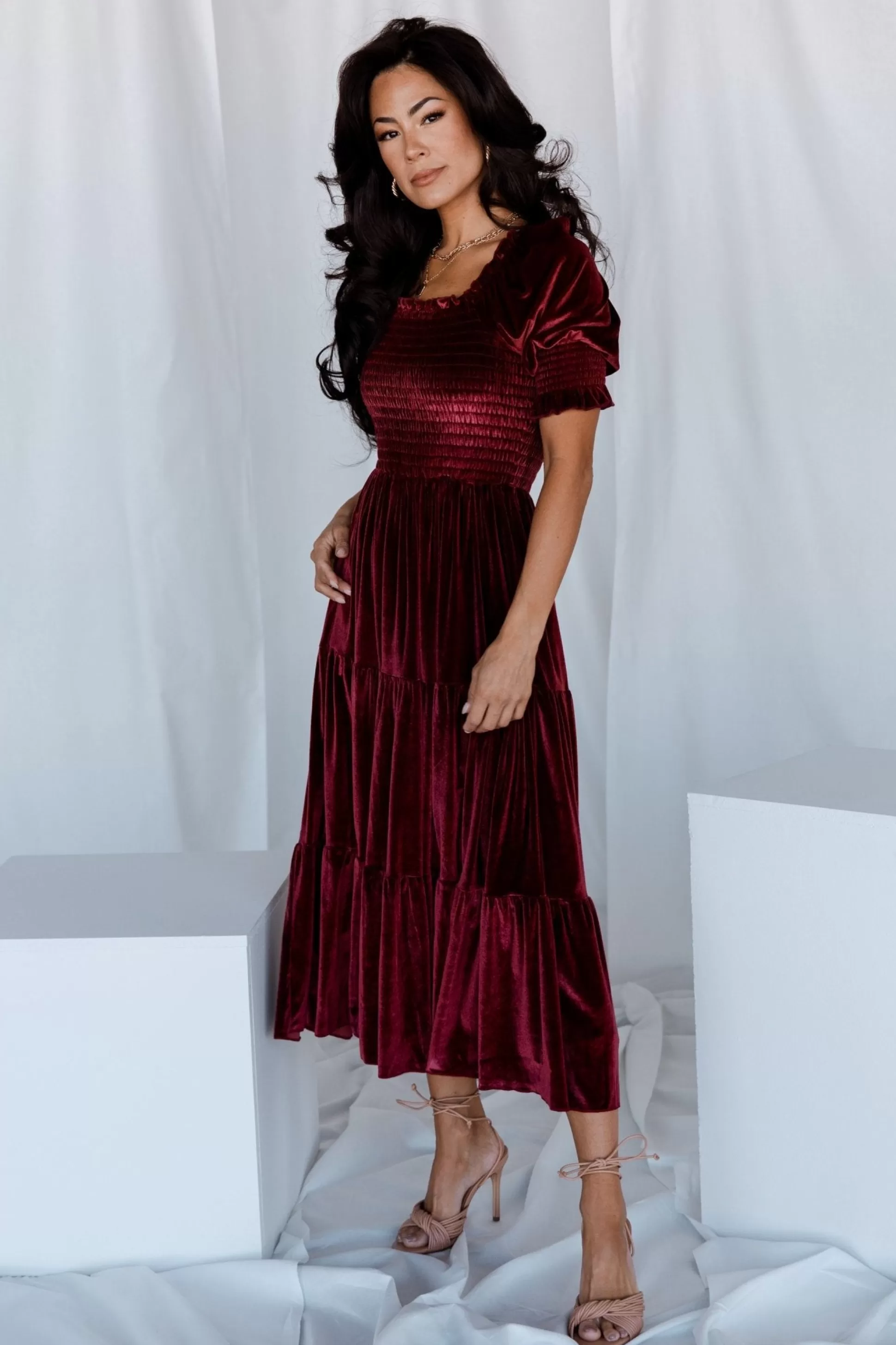 midi dresses | WEDDING SUITE | Baltic Born Vivaldi Smocked Velvet Midi Dress | Marsala