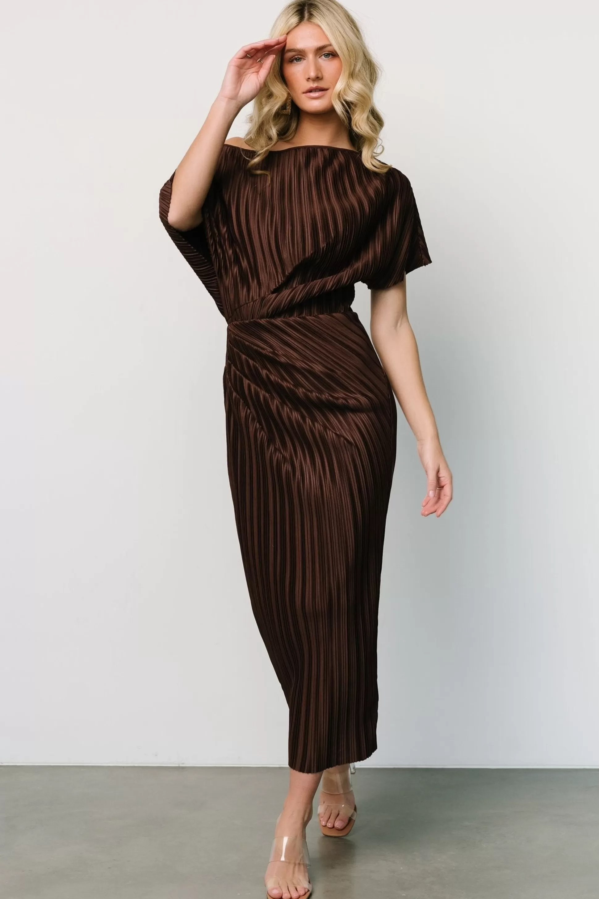 midi dresses | WINTER ESSENTIALS | Baltic Born Winslow Pleated Midi Dress | Dark Brown