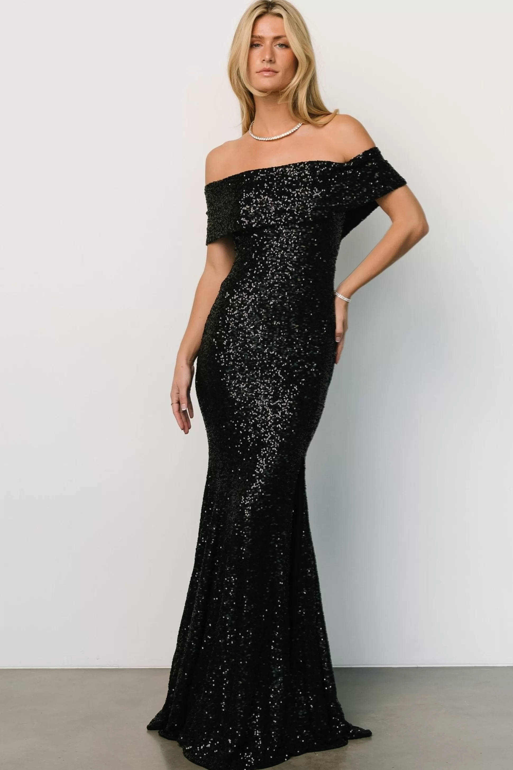 embellished + sequined | Baltic Born Yvonne Off Shoulder Sequin Gown | Black