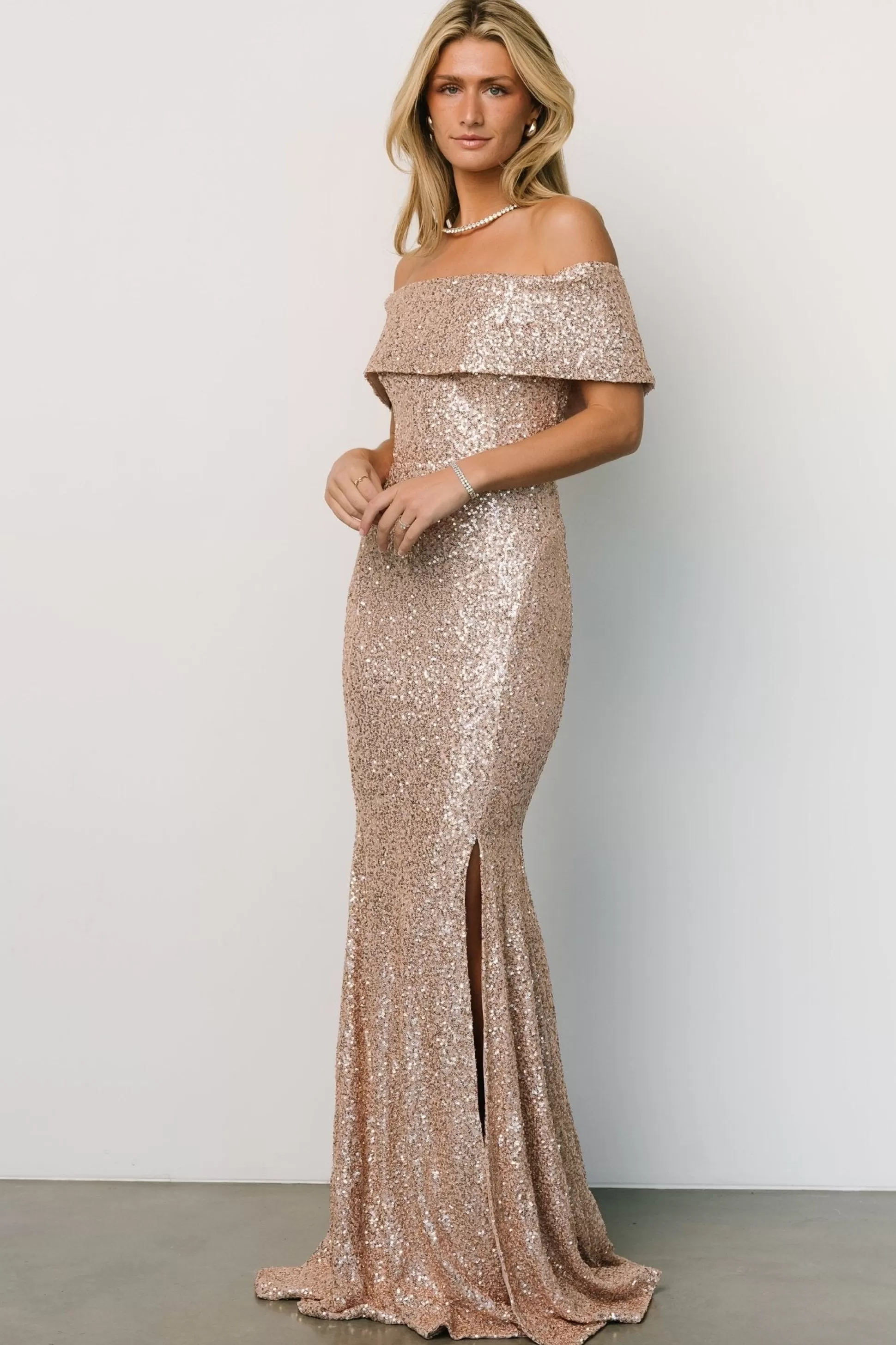 embellished + sequined | Baltic Born Yvonne Off Shoulder Sequin Gown | Champagne