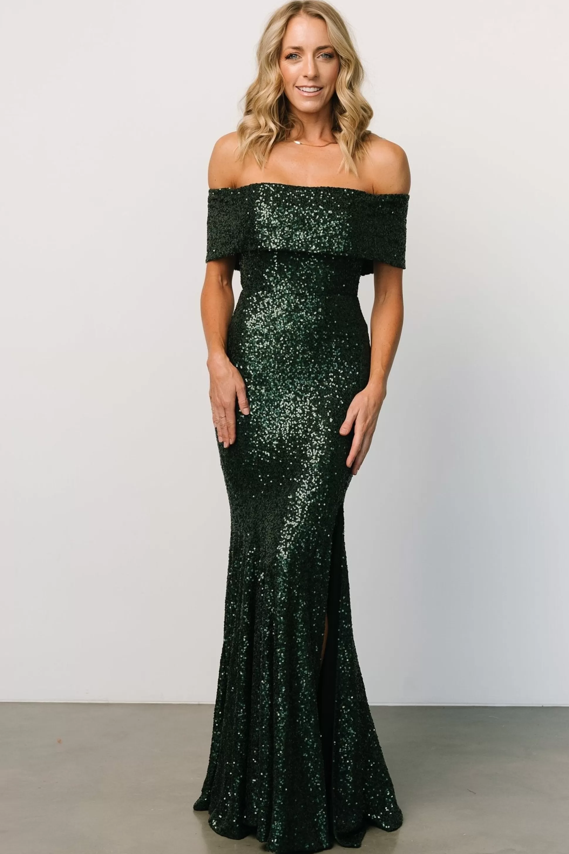 embellished + sequined | Baltic Born Yvonne Off Shoulder Sequin Gown | Green